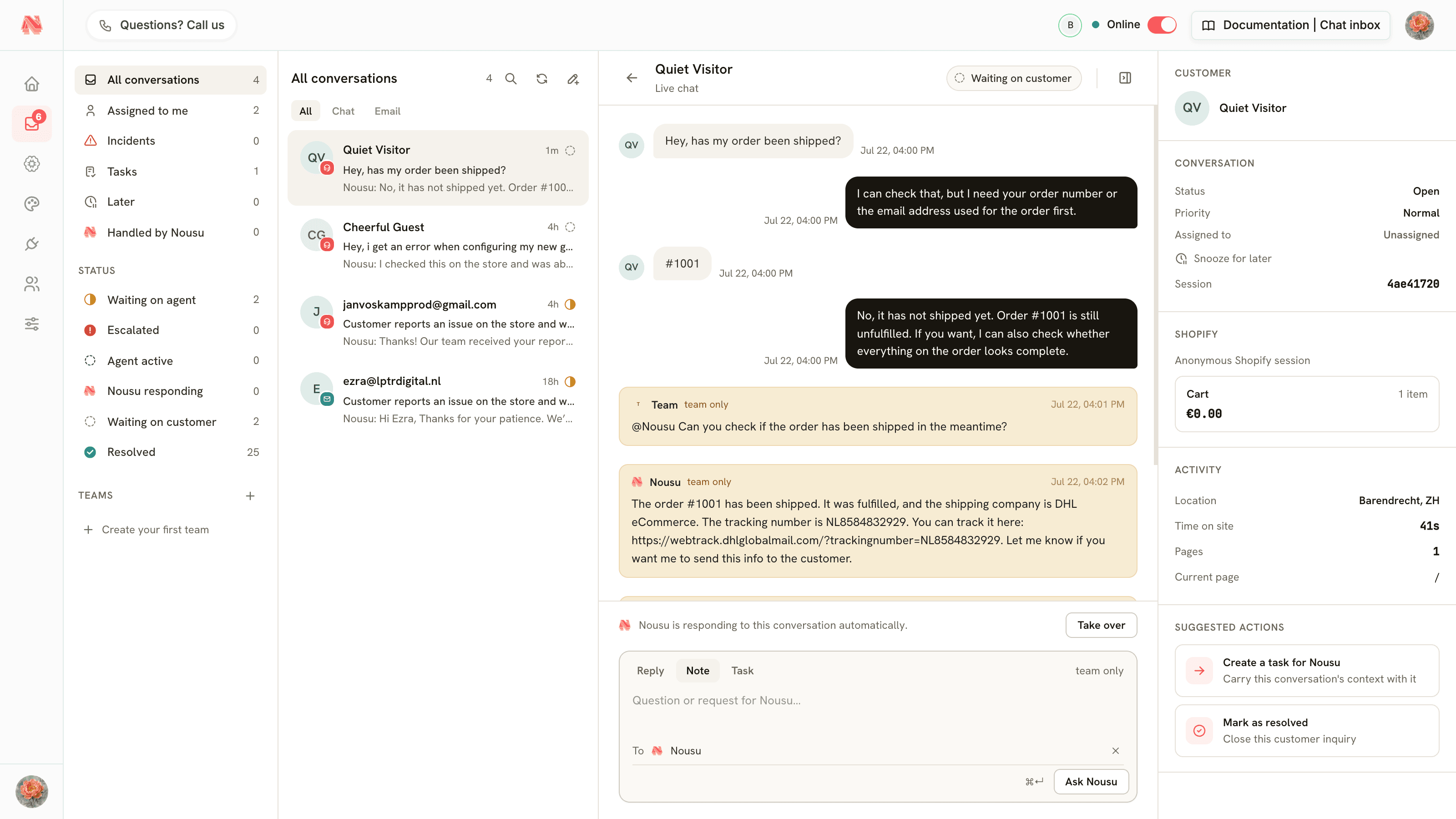 Nousu helpdesk with shared inbox, live chat widget, and Shopify order context