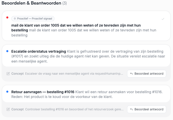 Action Hub overzicht met escalaties, retourverzoeken en status-badges