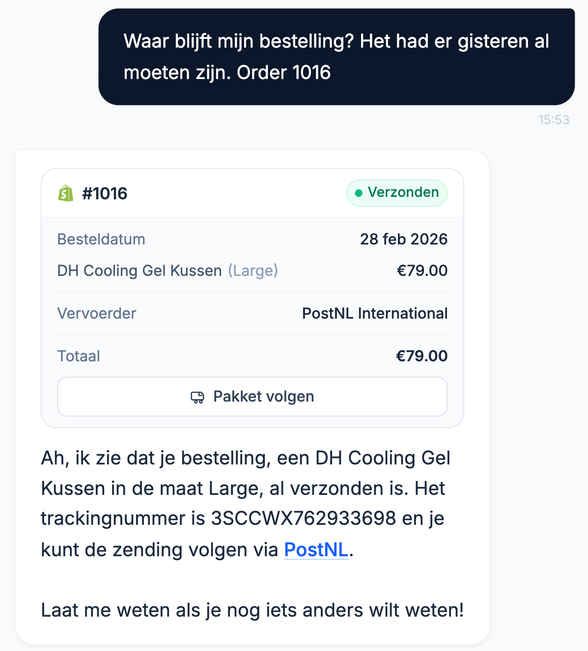 Chatvenster met orderstatus-conversatie waarbij de agent tracking toont